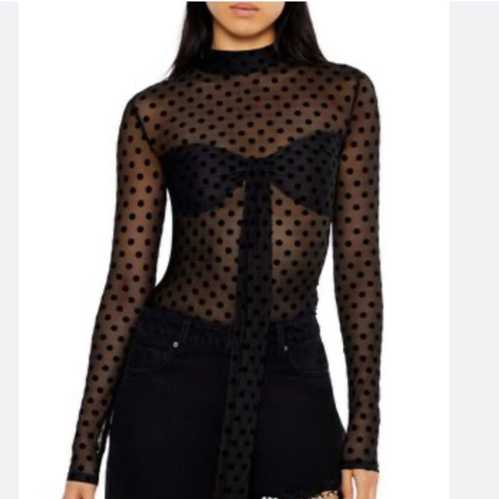 Forever 21 Mesh Polka Dot Mock Neck Top M